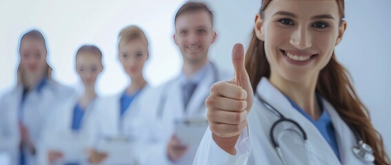 Closeup of a youthful female doctor giving the thumbs up and carrying stethoscopes, with a hazy gathering of people carrying clipboards in the backdrop