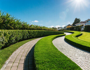 green curved landscape ground turf ground architecture grass landscaping design gardening landscape abstract Paved curve path walkway gardener paving landscaper paseo mow lawn lawn garden landscape - obrazy, fototapety, plakaty