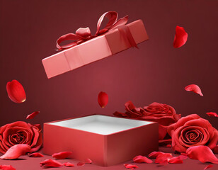 illustration for 3d podium display background red surprise open gift box rose flower falling petals luxury cosmetic product presentation abstract love - Powered by Adobe