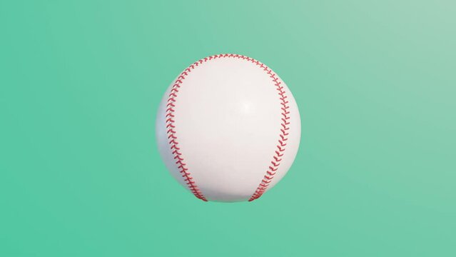 Baseball ball rotates on a green background. Simple 3d object animation. Realistic sport equipment render