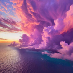 mesmerizing spectacle of a stormy cloudscape, painted in shades of pink and purple, granting an aerial vista amidst swirling clouds. Above the vast ocean, cinematic - obrazy, fototapety, plakaty