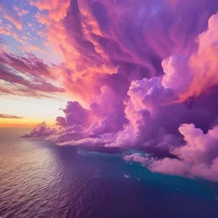Zelfklevend Fotobehang mesmerizing spectacle of a stormy cloudscape, painted in shades of pink and purple, granting an aerial vista amidst swirling clouds. Above the vast ocean, cinematic © Nolan