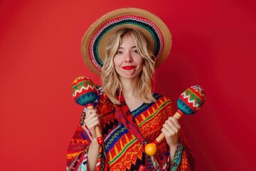 a blonde hair female with a goofy look, gripping maracas, wearing a poncho and hat infront of solid red background - obrazy, fototapety, plakaty