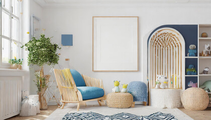 Mock up frame in children room with natural wooden furniture, 3D rendering blank for art or interior