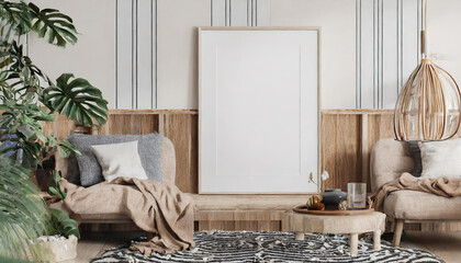 Mock up frame in cozy home interior background, 3d render