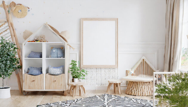 Mock up frame in children room with natural wooden furniture, 3D render