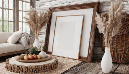 Mockup frame in farmhouse room interior background, 3d render