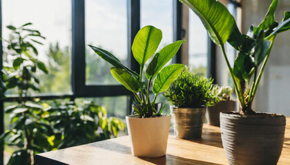 Modern office space with lush green plants in pots. Innovative startup company with green, ecofriendly environment with lush vegetation in workplace. Productive and healthy work place - obrazy, fototapety, plakaty