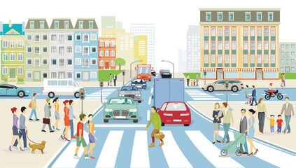 Stadtsilhouette einer Stadt mit Verkehr  und Menschen illustration - 778121108