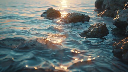 The gentle lapping of waves against the shore accompanies the breathtaking sight of sunlit rocks beneath the calm waters at dusk - obrazy, fototapety, plakaty