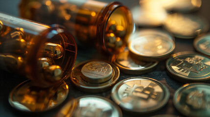 "Cryptocurrency Capsules"
Vibrant capsules spill revealing Bitcoin coins, a creative metaphor for the volatile nature of digital currency investments.