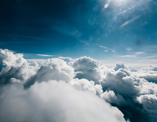 Most magnificent cloudscape stormy sky in shades of white and dark blue. Areal view inside the...