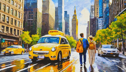 oil painting on canvas, street view of New York, man and woman, yellow taxi, modern Artwork,...