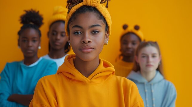 Multiethnic youths in casual clothes share lively moments on dynamic studio settings