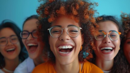 Fototapeta premium Young people from diverse backgrounds laugh and have fun against dynamic studio settings