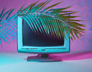 Retro vintage computer monitor with tropical palm leaf. Blue and purple colored lights. Creative minimal cyberwave background. Retro futurism.