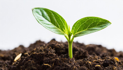 seed - growth, development; green plant on soil; white background - obrazy, fototapety, plakaty