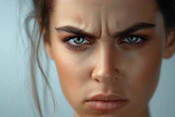 Close-up of an angry woman's face, intense expression with furrowed brows and clenched jaw, isolated on a neutral background