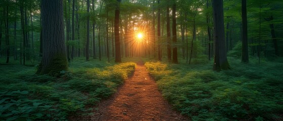 Fototapeta premium a path in the middle of a forest with the sun shining through the trees on the other side of the path.