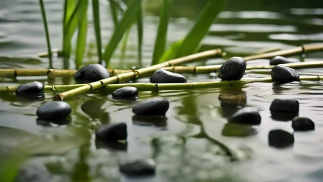 bamboo and spa stones balance on calm water, claming spa videos, calming ambient videos, relaxing videos, seamless looping 4k videos, youtube, stock videos, asmr videos, calming nature videos, ai	