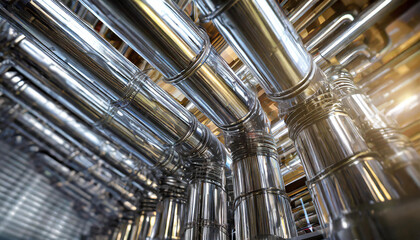 This high-resolution 3D animation showcases a close-up view of shiny metallic pipes with intricate details and bolts, reflecting the complex interior of an industrial facility - Powered by Adobe