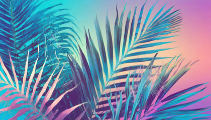 Tropical and palm leaves in vibrant bold gradient holographic neon colors. Concept art. Minimal...