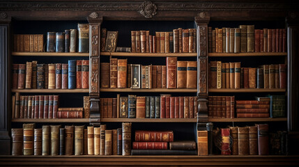 A vintage leather-bound book set against a backdrop of antique, wooden shelves.