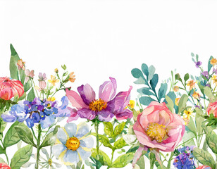 Obraz na płótnie Canvas Watercolor wild flower border banner. Spring, summer garden. Design for invitation, card, stationery, fashion, wedding, prints. Blank space for your text. Hand drawn illustration