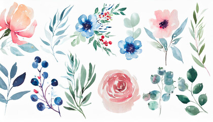 Watercolour floral illustration set. DIY blush pink blue flower, green leaves individual elements collection - for bouquets, wreaths, wedding invitations, anniversary, birthday, postcards - obrazy, fototapety, plakaty