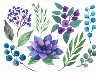 Watercolour floral illustration set. DIY violet purple blue flowers, green leaves elements...