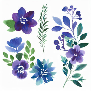 Watercolour floral illustration set. DIY violet purple blue flowers, green leaves elements collection - for bouquets, wreaths, wedding invitations, prints, fashion, birthday, postcards