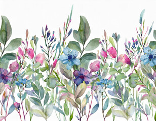 Wild field herbs flowers. Watercolor seamless border - illustration with green leaves, blue pink buds and branches. Wedding stationery, wallpapers, fashion, backgrounds