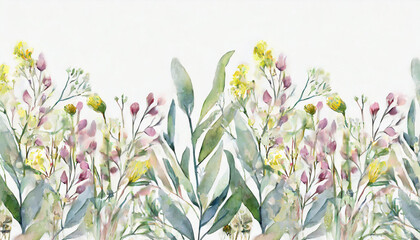 Wild field herbs flowers. Watercolor seamless border - illustration with green leaves, pink yellow...