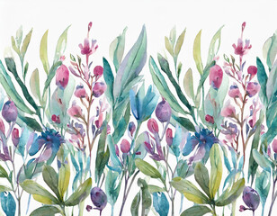Wild field herbs flowers. Watercolor seamless border - illustration with green leaves, blue pink buds and branches. Wedding stationery, wallpapers, fashion, backgrounds