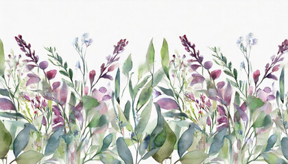 Wild field herbs flowers. Watercolor seamless border - illustration with green leaves, purple pink buds and branches. Wedding stationery, wallpapers, fashion, backgrounds, textures. Wildflowers
