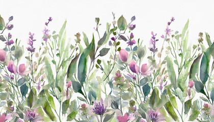 Wild field herbs flowers. Watercolor seamless border - illustration with green leaves, purple pink buds and branches. Wedding stationery, wallpapers, fashion, backgrounds, textures. Wildflowers - obrazy, fototapety, plakaty