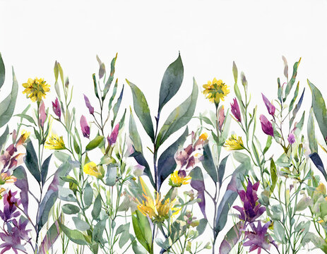 Wild field herbs flowers. Watercolor seamless border - illustration with green leaves, purple yellow buds and branches. Wedding stationery, wallpapers, fashion, backgrounds, textures. Wildflowers.