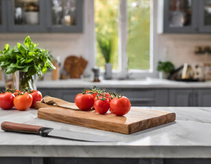 Wooden cutting board with knife and fresh tomatoes on table in modern kitchen - Powered by Adobe
