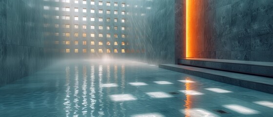 a building with a pool of water in front of it and a bright orange light coming from the side of the building.