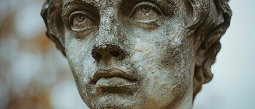a close - up of a statue of a man's head with a serious look on it's face.