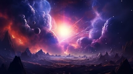 Futuristic hyper space landscape with cosmic explosions - obrazy, fototapety, plakaty