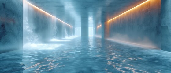 a long hallway with water flowing down the side of it and a yellow light at the end of the hallway. - obrazy, fototapety, plakaty