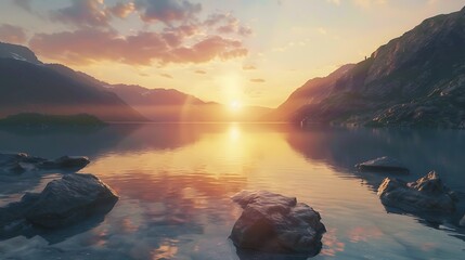 Tranquility reigns as the sun sets over the serene lake, casting a warm glow upon the rocky depths below - obrazy, fototapety, plakaty