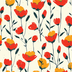 Vector Seamless Watercolor Pattern colorful Design - Texture a floral pattern with red, orange, green and yellow flowers