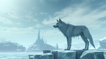 Majestic white wolf standing proudly on an iceberg