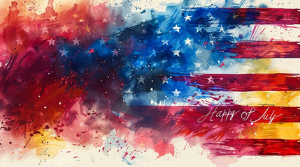 Happy 4th of July USA Independence Day celebrate banner with american flag brush stroke background and hand lettering greetings. United States national holiday vector illustration.