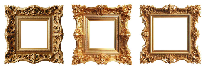 set of antique carved golden frame isolated on transparent PNG background