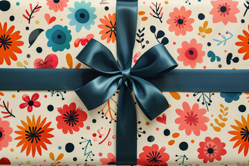 A beautifully wrapped gift with a vibrant floral pattern and a chic dark blue satin ribbon, perfect for a special occasion.