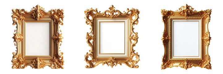 set of antique carved golden frame isolated on transparent PNG background