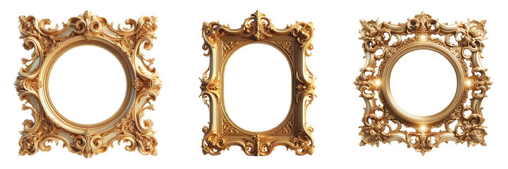 set of antique carved golden frame isolated on transparent PNG background